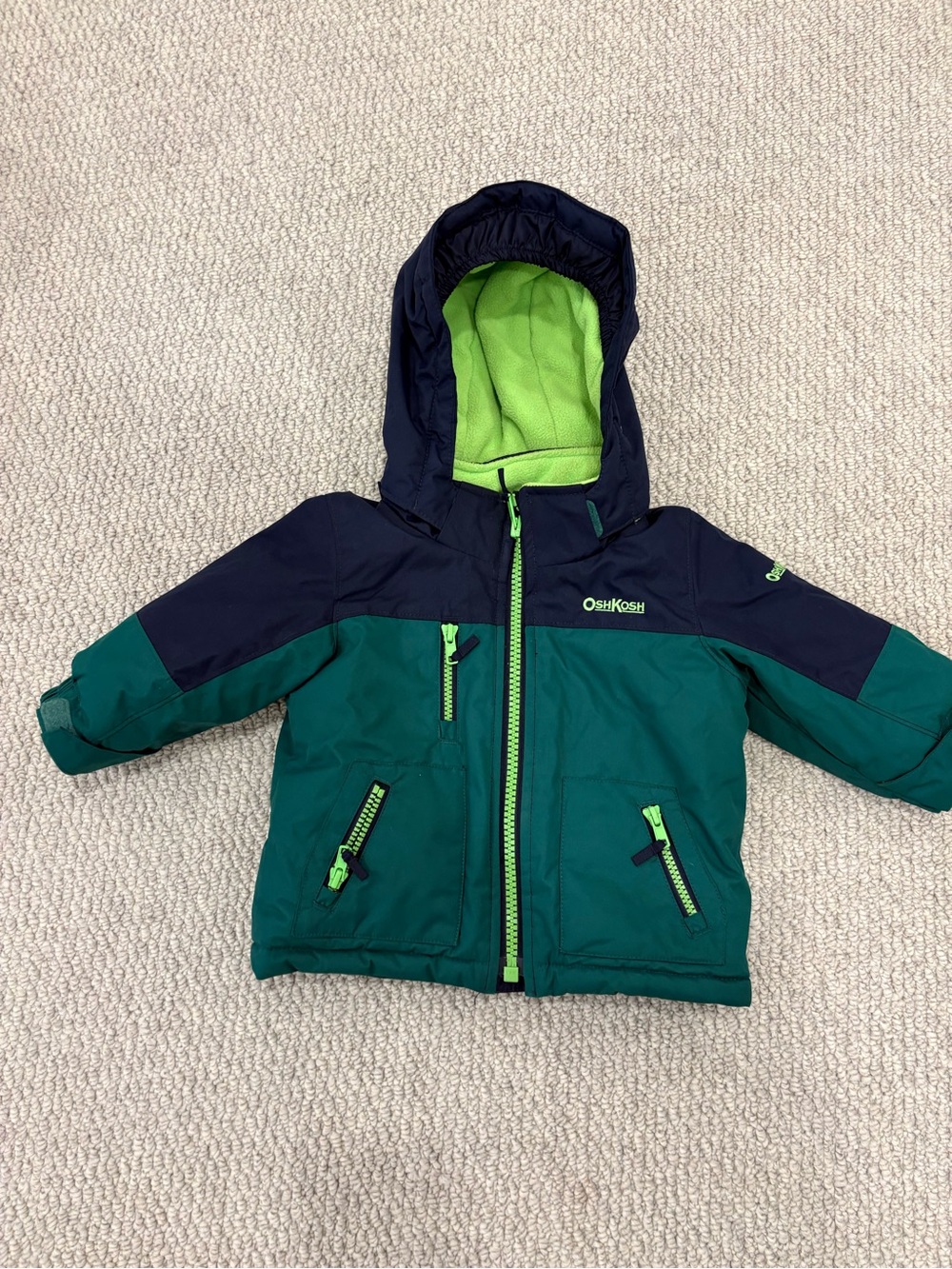OshKosh B'gosh Navy & Teal Hooded Kids Puffer with Lime Accents